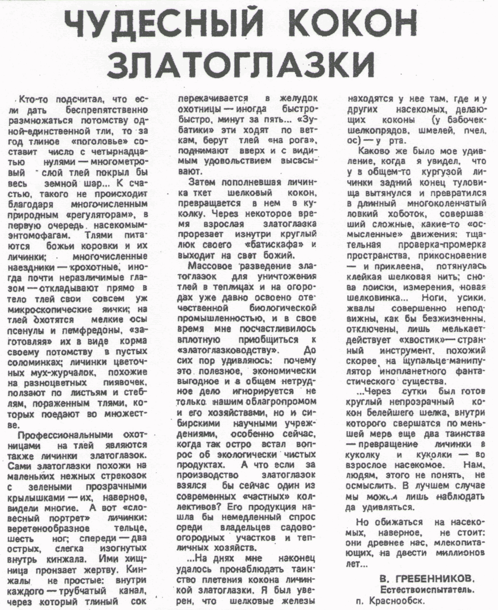 Чудесный кокон златоглазки. В.С. Гребенников. Советская Сибирь, 11.09.1990, с.3.